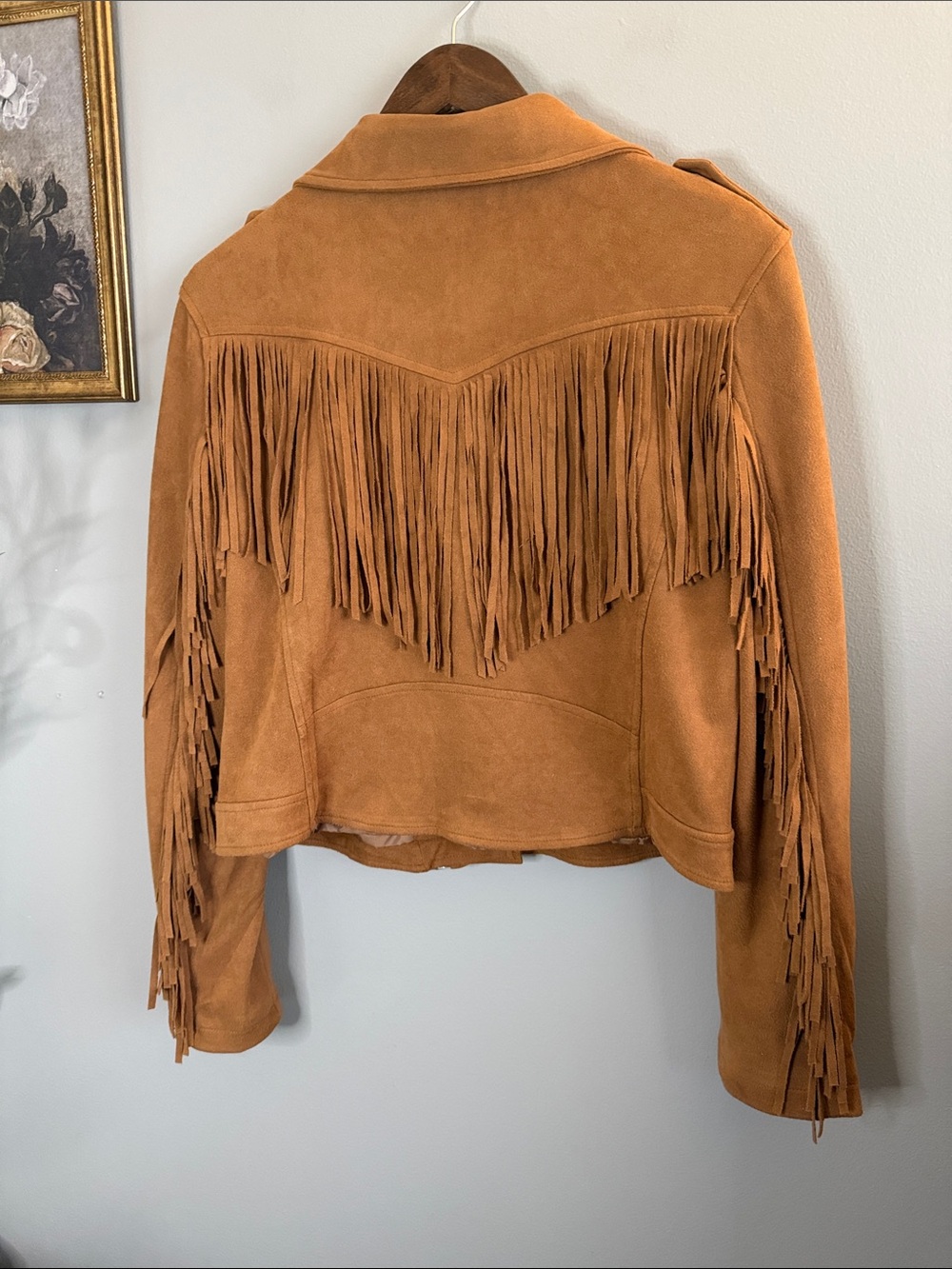 Buddy Love Francesca Camel Faux Suede Fringe Moto Jacket Western Boho Large - Picture 7 of 8